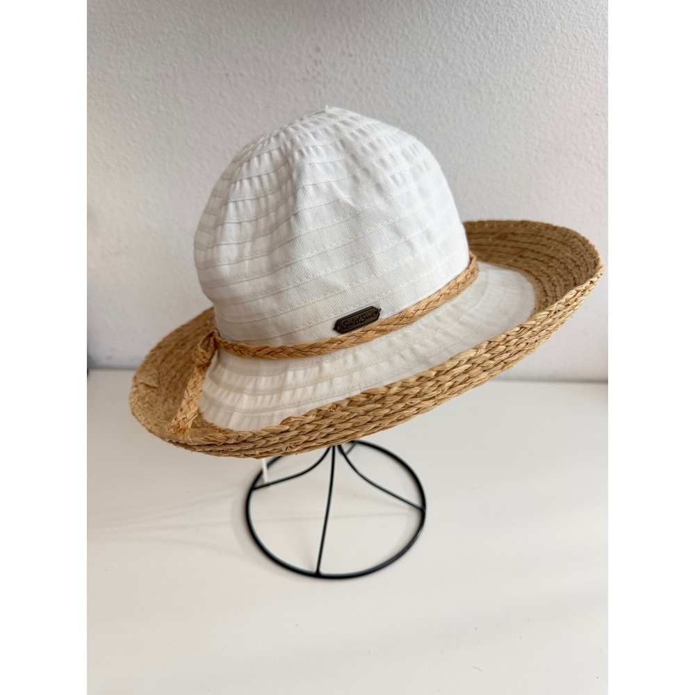 Sun N Sand White Fabric and Woven Straw Wide Brim Sun Hat Beach Accessory